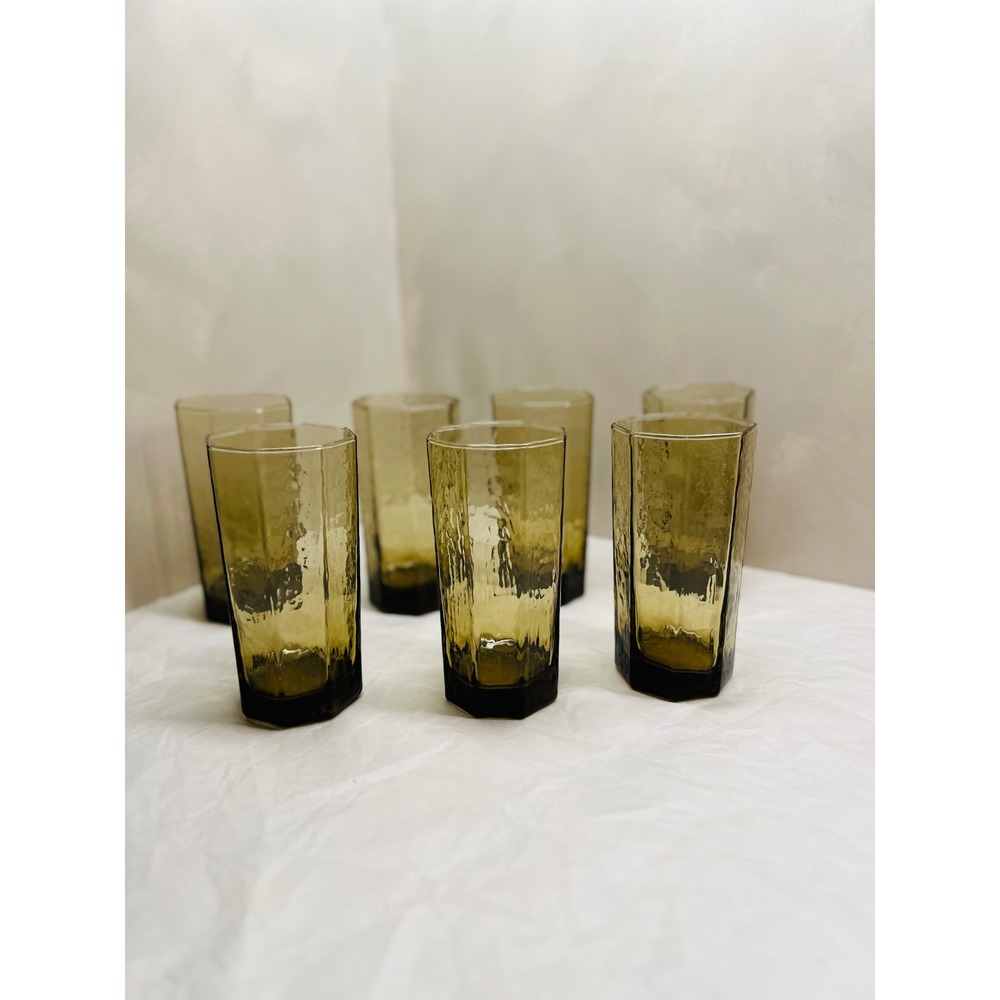 Vintage MCM Libbey Facets Hexagon Smoked Brown Tumblers Textured Set of 7 5.5in